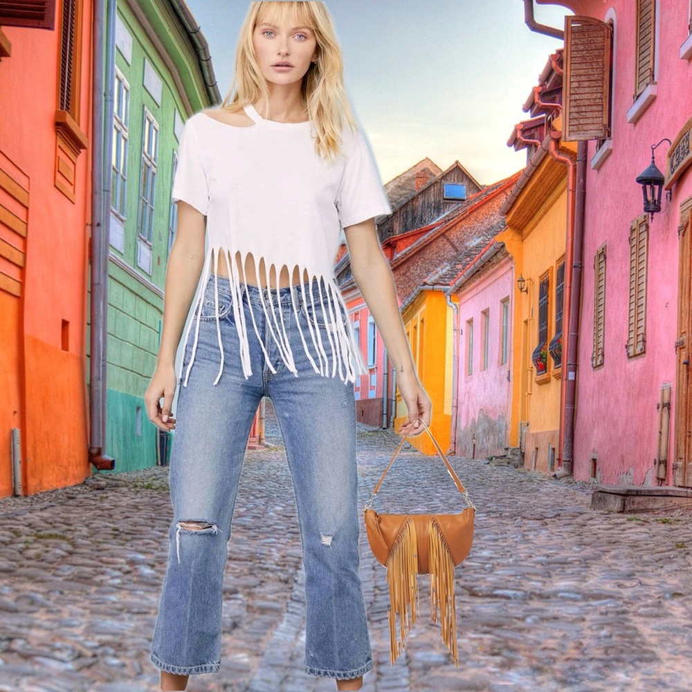 Romana Fringed Cut Out Crop Top NWT